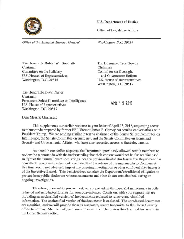 Supplementary Response to Comey Memos - Page 1