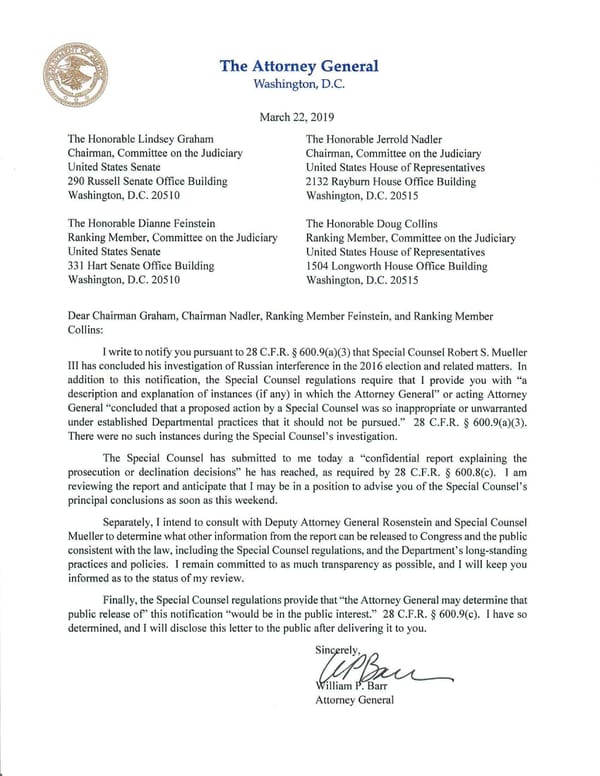 Barr Letter, March 22, 2019 - Page 1